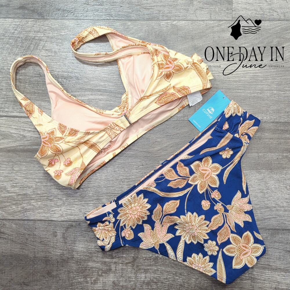 Cupshe Cross Front Bikini Swimsuit Floral Cream Navy Blue Two Piece NWT Size XL - Picture 7 of 7